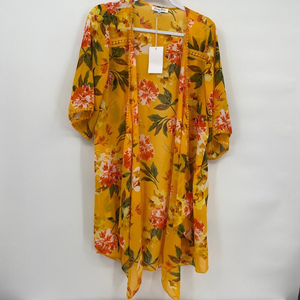 Emory Park Yellow Pink Floral Open Kimono Robe Women's Size Large